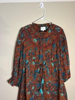 Islapayal brown and blue floral and bird print dress with tassels,